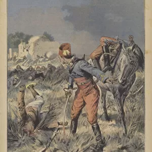 Devotion to duty of the French Chasseur d Afrique Amaury de Kergorlay (colour litho)