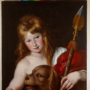 Diana little girl with her dog (oil on canvas)