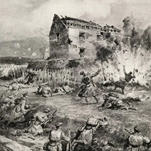 With the die hards at Neuve Chapelle, the storming of a blockhouse by the 2nd Middlesex, from The Great War: A History, volume III, 1916 (litho)