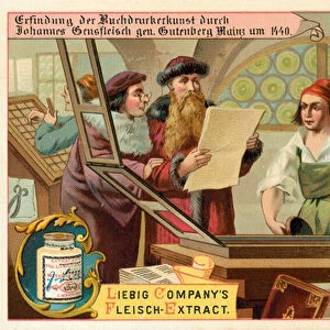 Discovery of the art of printing by Johannes Gutenberg, Mainz, Germany, 1440 (chromolitho)