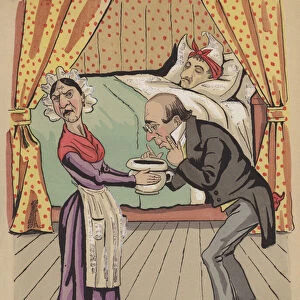 Doctor examining the contents of a chamber pot (colour litho)