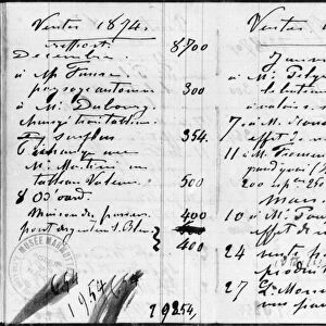 Double page from Monets account book detailing the sales of his paintings