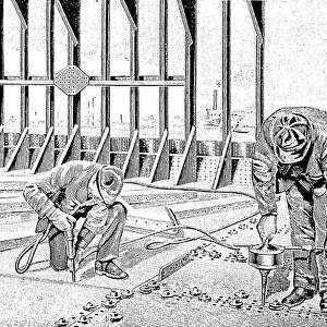 Drilling machines with compressed air drive in 1895, digitally restored reproduction of an original from the 19th century