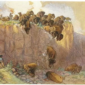 Driving Buffalo Over the Cliff, 1914 (w/c, ink and gouache on board)