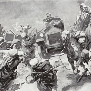 The Duke of Westminster and his armoured cars dash to the rescue of shipwrecked crews seized by the Senussi, Cyrenaica, North Africa, 17 March 1916 (litho)