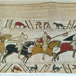 Duke William leads his knights into battle, Bayeux Tapestry (wool embroidery on linen)