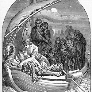 The dying King Arthur is carried away to Avalon on a magical ship with three queens