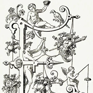 E - Eros - Alphabet de T. de Bry (New artistic alphabet) - Alphabet by T. de Bry (new artistic alphabet), 1880 (engraving)