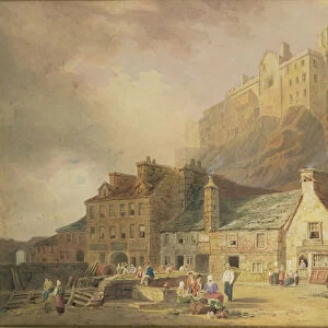 Edinburgh Castle from the Grass Market, showing the Little West Port, c