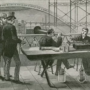 Edisons perfected phonograph in use in the press gallery during the Handel Festival at the Crystal Palace (engraving)