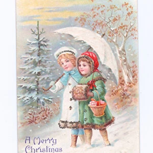 Edwardian Christmas and New Year postcard of two girls taking a stroll in the falling