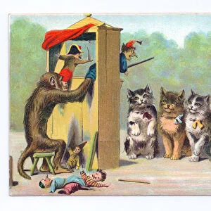 Edwardian postcard of a monkey as a puppet master entertaining five cats at a puppet show