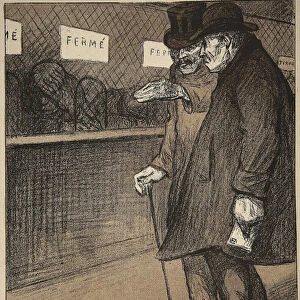 Two elderly gentlemen walking past closed counters, illustration from L