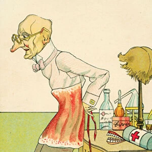Elderly man getting dressed and putting on a corset (chromolitho)