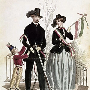 An elegant patriotic family at the time of Risorgimento (Lithography, 1848)