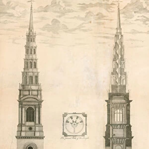 The elevation and prospect of the west end of the steeple of St Brides church in Fleet Street, London (engraving)