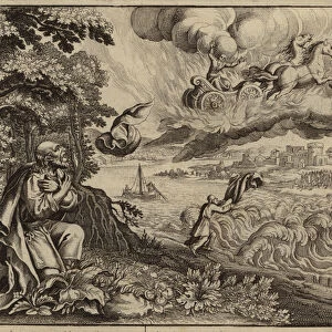 Elisha watching his father Elijah being carried to Heaven by a whirlwind (engraving)