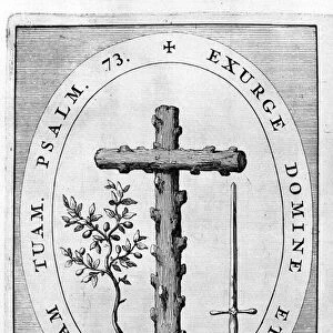 Emblem of the Spanish Inquisition: cross, olive branch and sword. 17th century