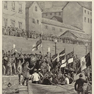 En Route for the Greek Frontier, English Volunteers embarking at Corfu (litho)