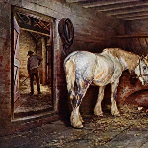 At the End of the Day: horse in the stables as a man mucks out (colour litho)