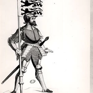 English soldier holding a standard with the three lions of England (engraving) (b / w photo