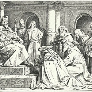 The envoys of Caliph Harun al-Rashid bringing gifts to the Emperor Charlemagne, 802 (engraving)