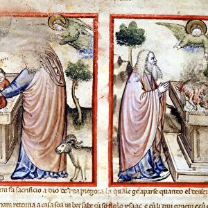 Episode of the sacrifice of Isaac by Abraham. Miniature from codex 212