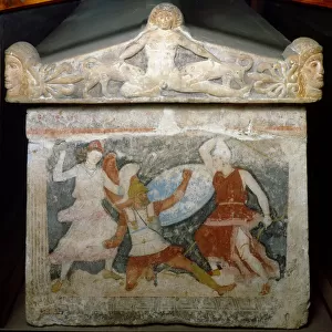 Etruscan art: "a Greek soldier is attacked by two Amazons"Above, Acteon devore by his dogs. Amazon sarcophagus. End of the 4th century BC. From Tarquinia. Florence, Museo Archeologico