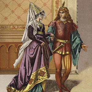 European noblewoman and minstrel, 15th Century (chromolitho)