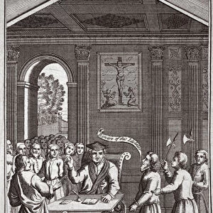 The Examination of Wm Hale before Bishop Bonner, illustration from Foxes Martyrs