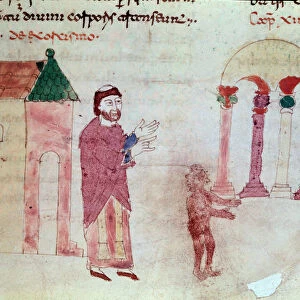 Exorcism: a monk pushing a demon from a church to a pagan temple (Miniature, 9th century)