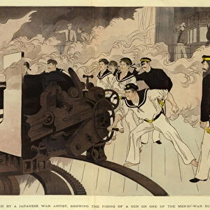 Facsimile of a Coloured Sketch by a Japanese War Artist, showing the Firing of a Gun on one of the Men-of-War during an Engagement (colour litho)