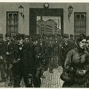 A factory exit in Ghent. Engraving by X. Mellery, after nature