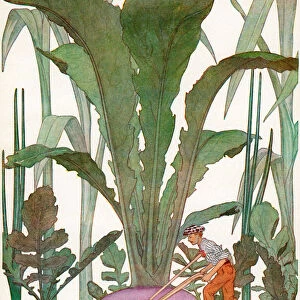 Farmer Cultivating Gigantic Garden Vegetables, 1910 (screen print)