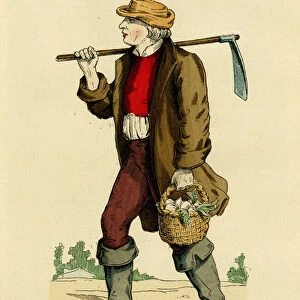 Farmers suit from the 17th to the 18th centuries. Colour engraving after a drawing