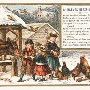 Feeding animals in the snow, Christmas Card (chromolitho)
