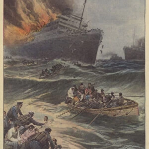 The fire of the French motorboat Georges Philippar off Capo Guardafui, in the waters of... (colour litho)