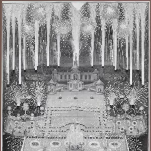 Fireworks on the occasion of the conclusion of peace between Russia and Sweden on July 16, 1744 in Moscow in front of the imperi by Grekov, Alexei Angileevich, 1744 (copper engraving)