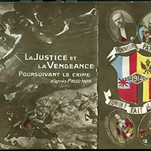 First World War: France, Patriotic Map showing a copy of a painting by Prud'hon entitled: Justice and revenge pursuing the crime represented here by William II with the portrait of the Allied Heads of State at the side, 1914