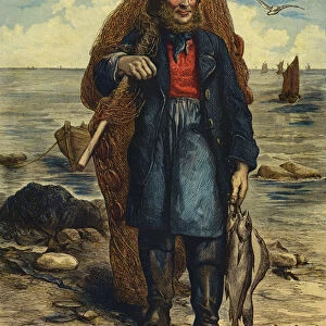 Fisherman carrying his nets, and holding his catch of fish (coloured engraving)