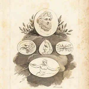 Fragments and attributes of Roman god Jupiter, 1808 (engraving)