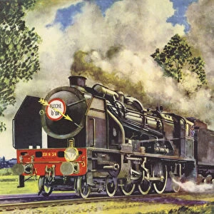 France, French National Railways Compound Pacific Locomotive on the Golden Arrow Express between Calais and Paris (colour litho)