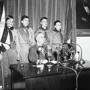 Franklin Roosevelt Congratulating Boy Scouts, 1935 (b/w photo)