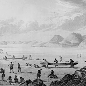 Franklins expedition passing through Point Lake, 1821 (engraving)