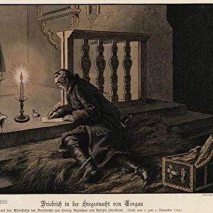 Frederick the Great of Prussia on the night of the victory at the Battle of Torgau (colour litho)