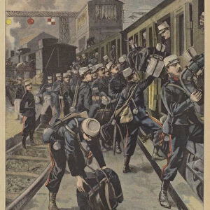 A French artillery unit practicing boarding a train at night at the Chalons military camp (colour litho)