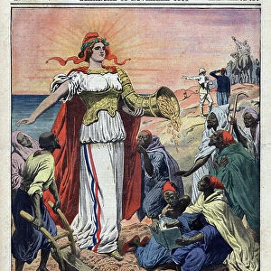 French colony: France will be able to carry civilization, wealth and peace freely to Morocco in Le Petit Journa on 19/11/1911 (lithograph)