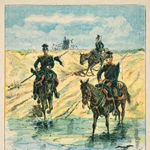 French and Germans, anecdotal history of the War of 1870-1871, 1888, illustration by Georges Hardouin (1846-1893) also says Dick de Lonlay: Reconnaissance of Uhlans crossing the Sauerbach River