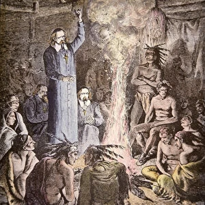 The French Jesuit Missionary Brebeuf among the Algonquins (colour litho)