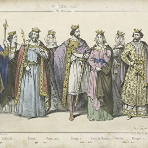 French kings and queens of the 10th, 11th and 12th Century (coloured engraving)